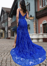Daphne | Royal Blue Mermaid V Neck Lace Slit in Prom Dress with Train - Royal Blue - PromDressClub